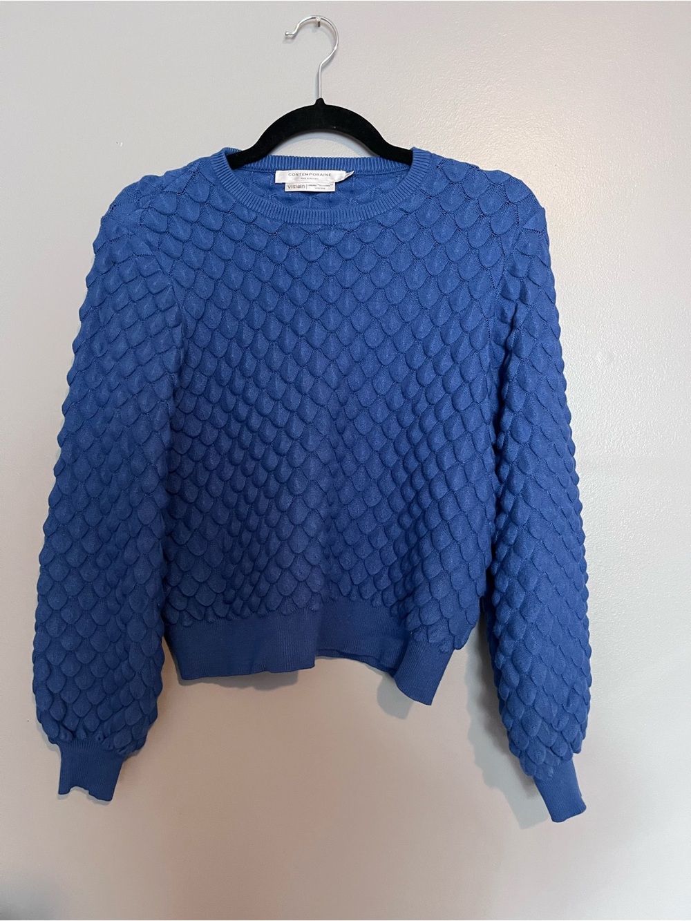 Contemporaine Simons Viscose Blue Textured Puff Sleeve Sweater L - Picture 2 of 9